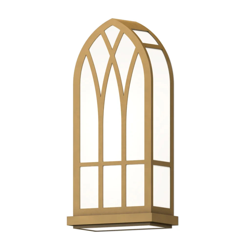 Gold arched window frame with intricate tracery design