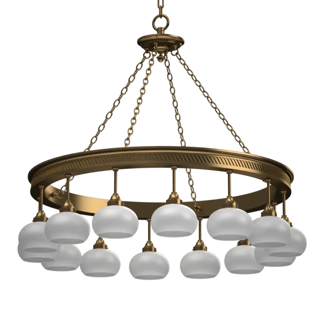 Halo Chandelier - polished brass finish, detail of downward-facing bowl shades