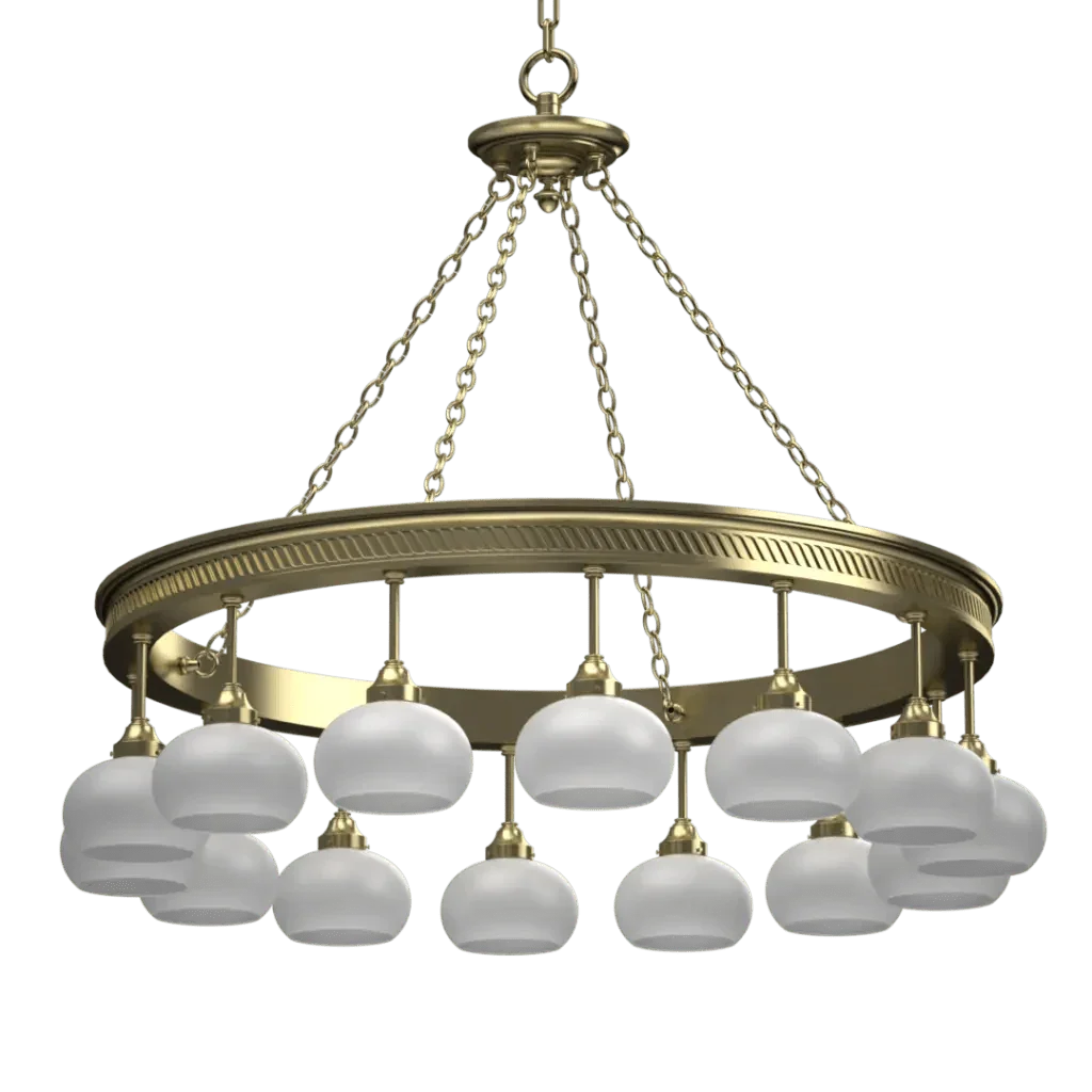 Halo Chandelier - polished brass finish, side profile showing fluted edge on outer ring rim