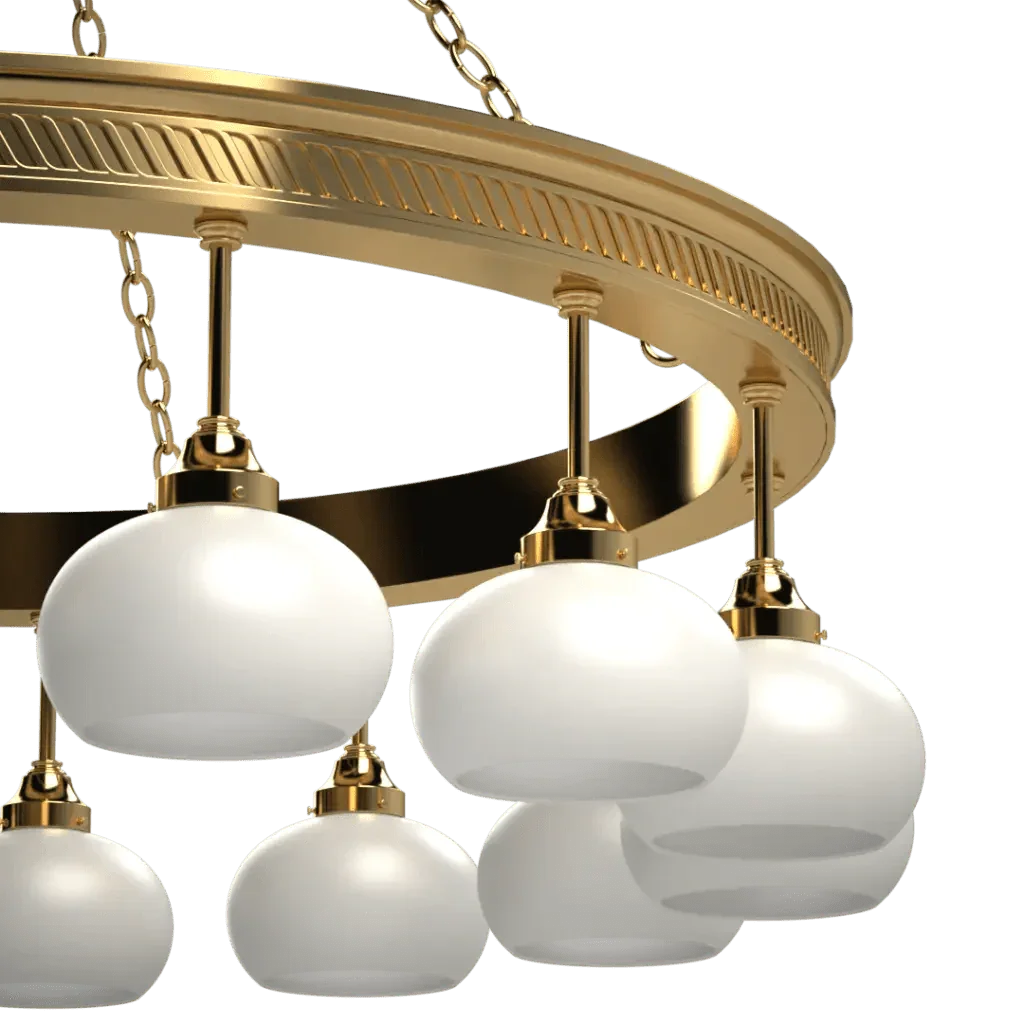 Halo Chandelier - polished brass finish, angled view showing individual brass stems holding lights