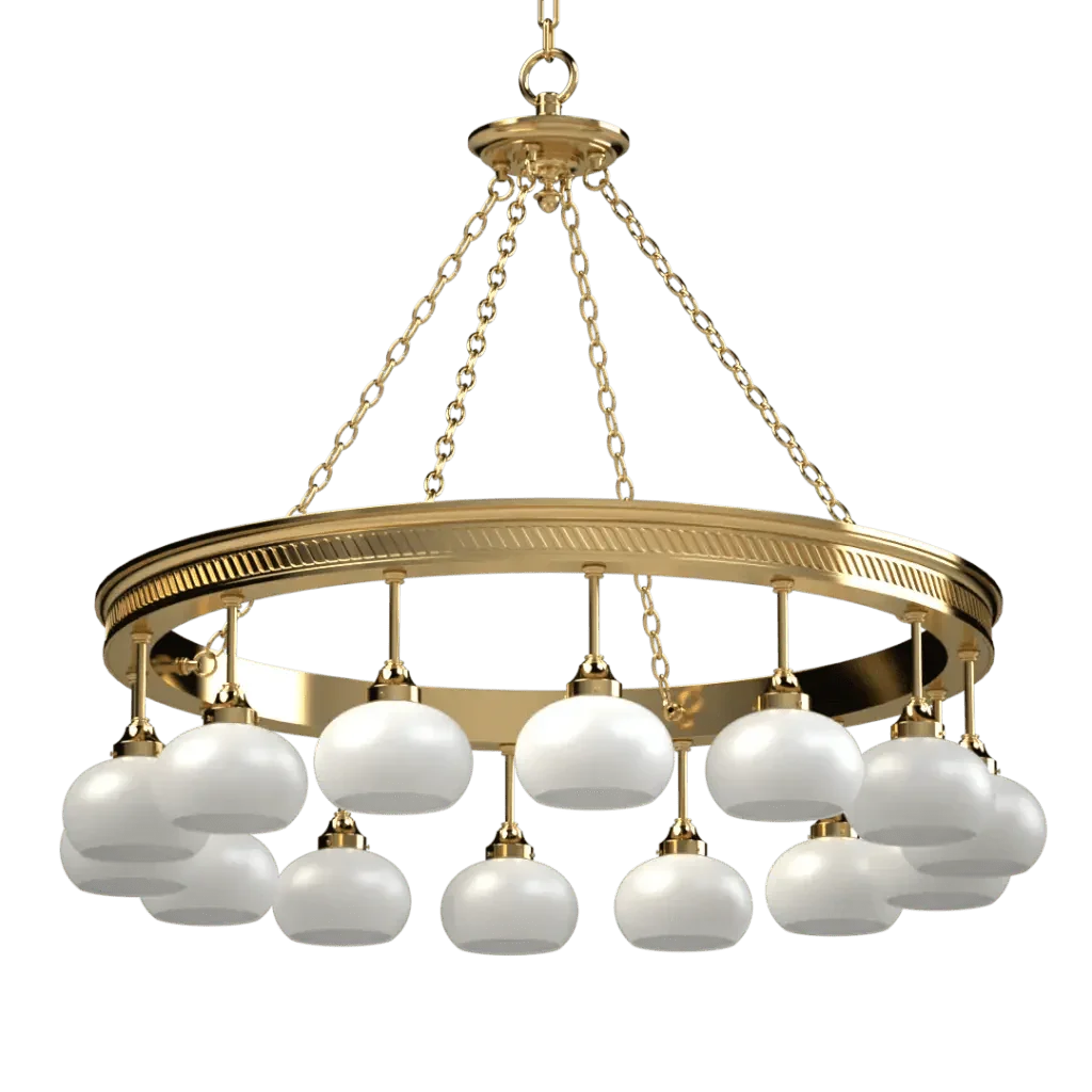 Halo Chandelier - polished brass finish, front elevation showing multi-profile ring form with chain suspension