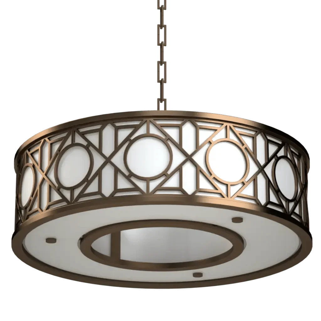 Bronze hampton roads drum pendant chandelier with ornate geometric and circular pattern and white diffuser