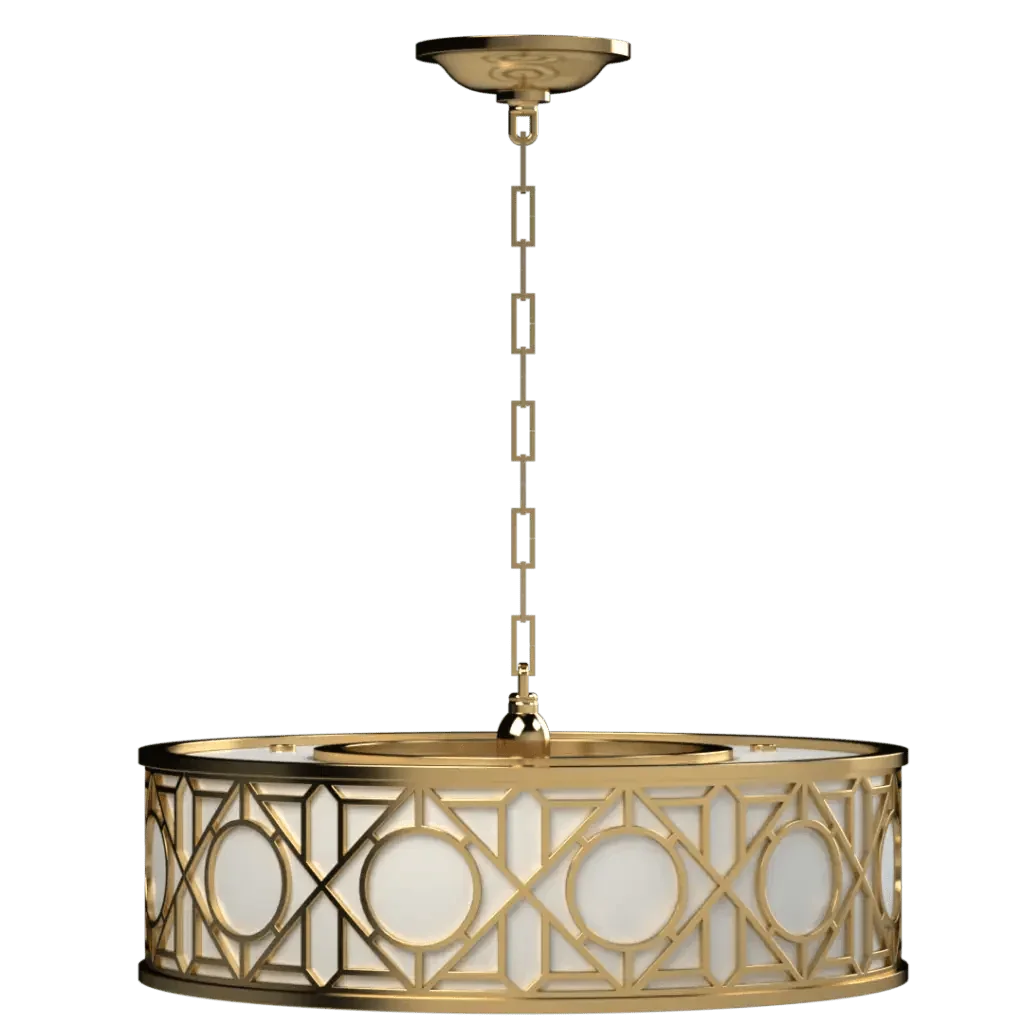 Golden brass geometric pattern drum chandelier from hampton roads drum pendant collection for elegant lighting