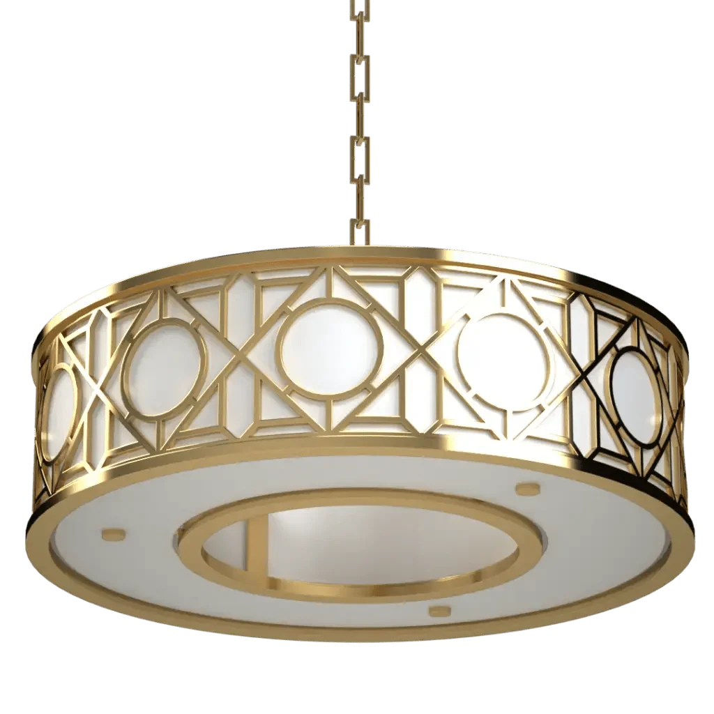 Hampton Roads drum pendant chandelier with gold finish, intricate geometric pattern, and white diffusers