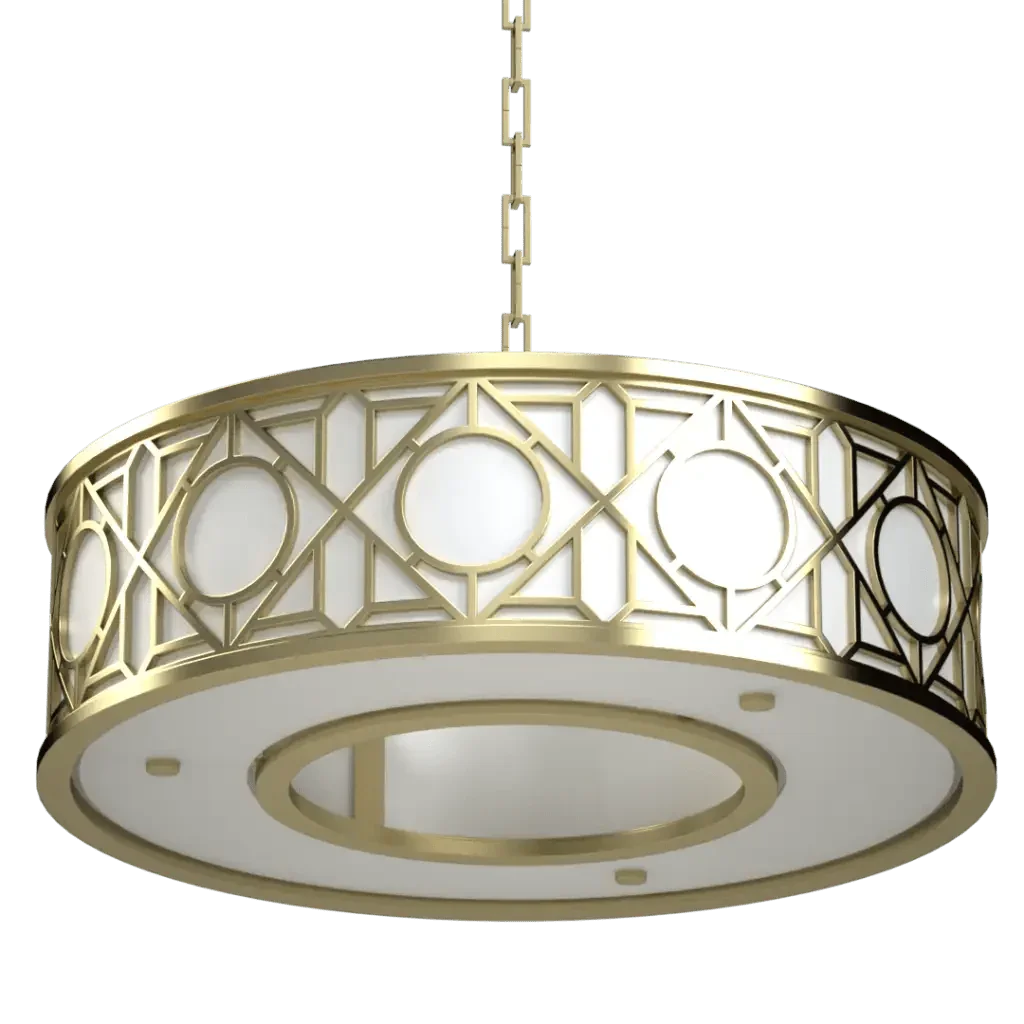 Hampton roads drum pendant is a round ornate gold and white ceiling light fixture with a geometric pattern