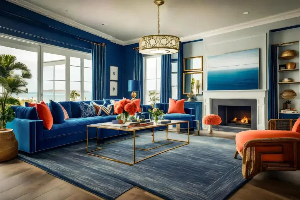 A vibrant blue sectional sofa with orange throw pillows complements the hampton roads drum pendant lighting fixture