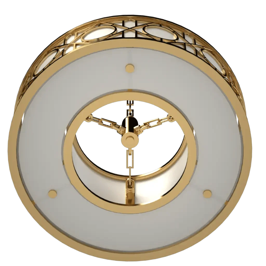 Hampton Roads drum pendant featuring a gold and white ornate ceiling light with an exposed inner mechanism