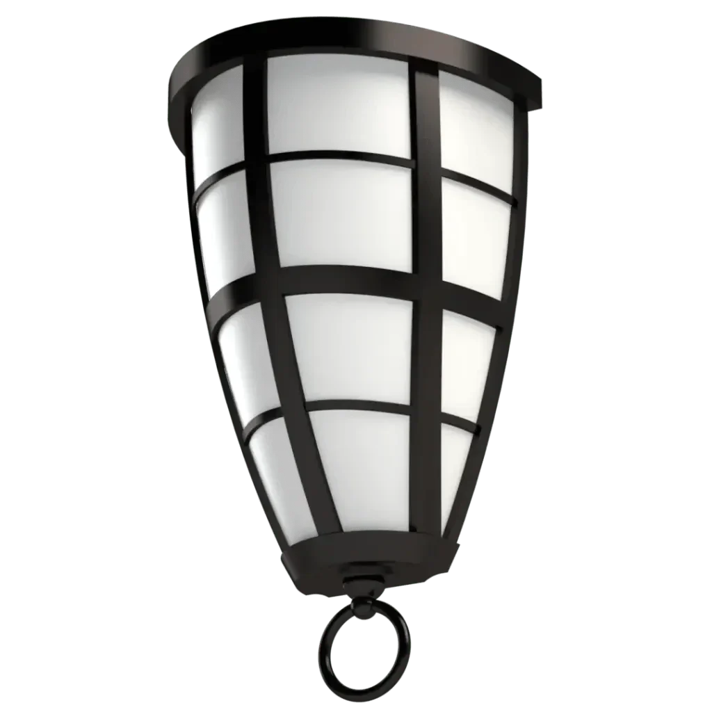 Hampton Roads sconce black metal caged outdoor lantern with white frosted glass diffuser and hanging ring