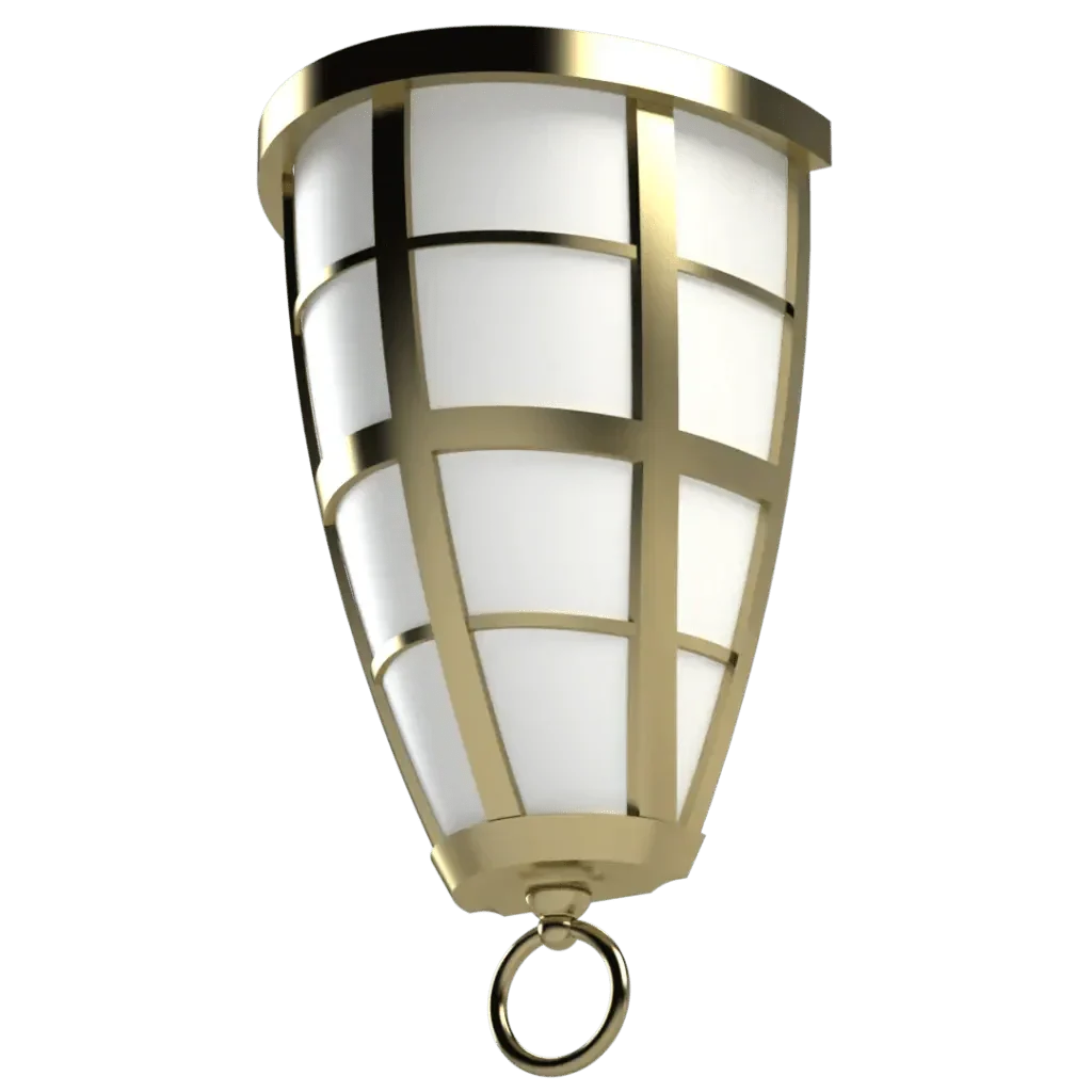 Hampton Roads sconce hanging outdoor light fixture with a gold frame and white frosted glass shade