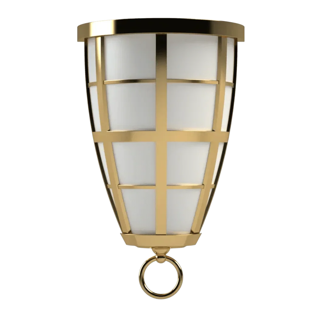 Hampton Roads sconce white and gold outdoor wall light with decorative ring at the bottom for exterior use