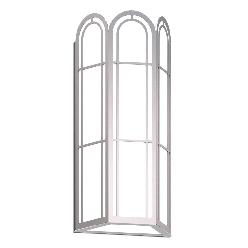 White arched window screen panel with metal frame and glass panes.
