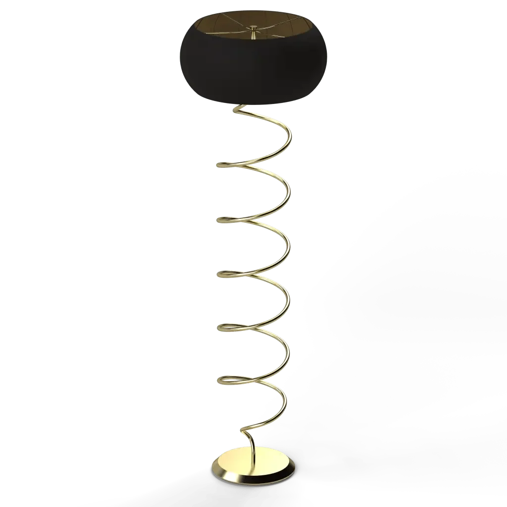 Helix floor lamp with a black drum shade and a gold spiral metal stand for modern living spaces