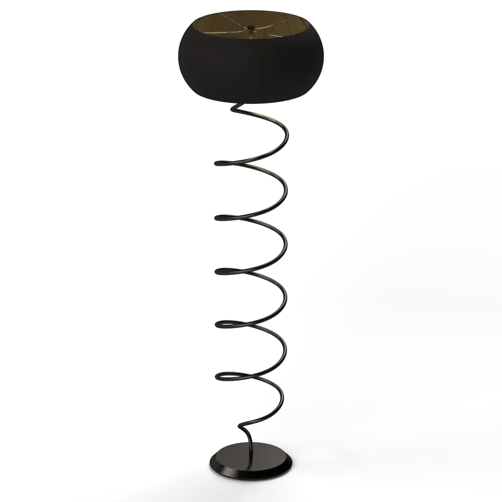 Helix floor lamp with black lampshade and spiraled metal stand providing elegant ambient lighting