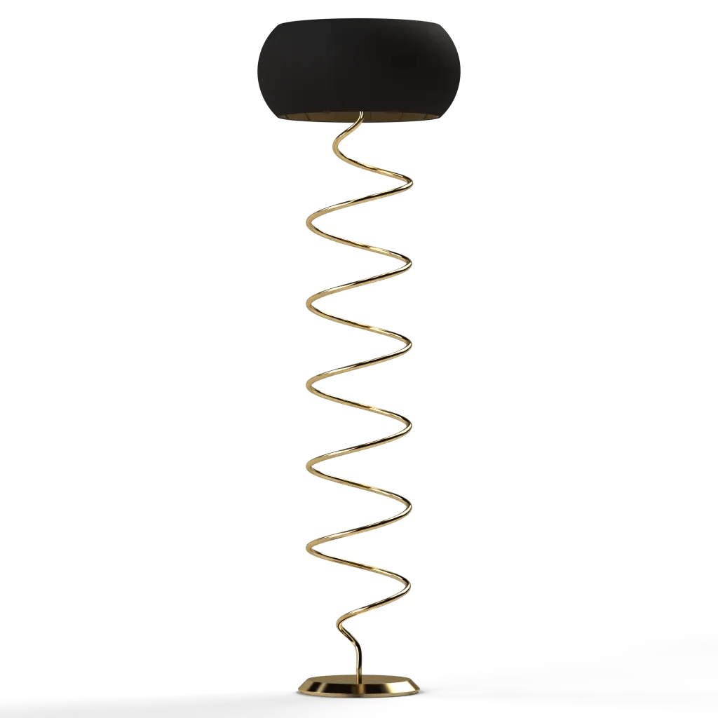 Helix floor lamp with a black lampshade and spiraling gold metal stand for elegant indoor lighting