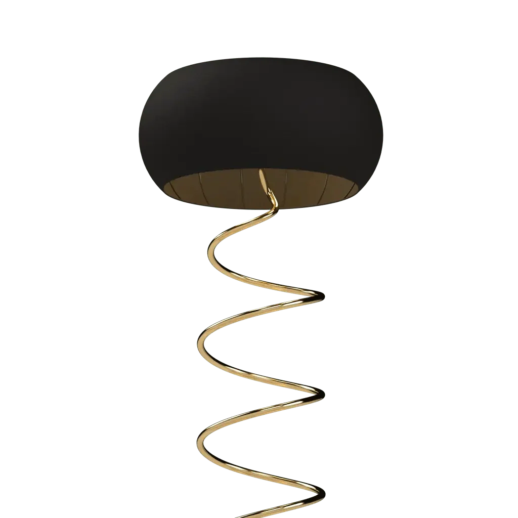 Helix floor lamp featuring a black domed pendant light with gold interior and spiraling gold suspension cable