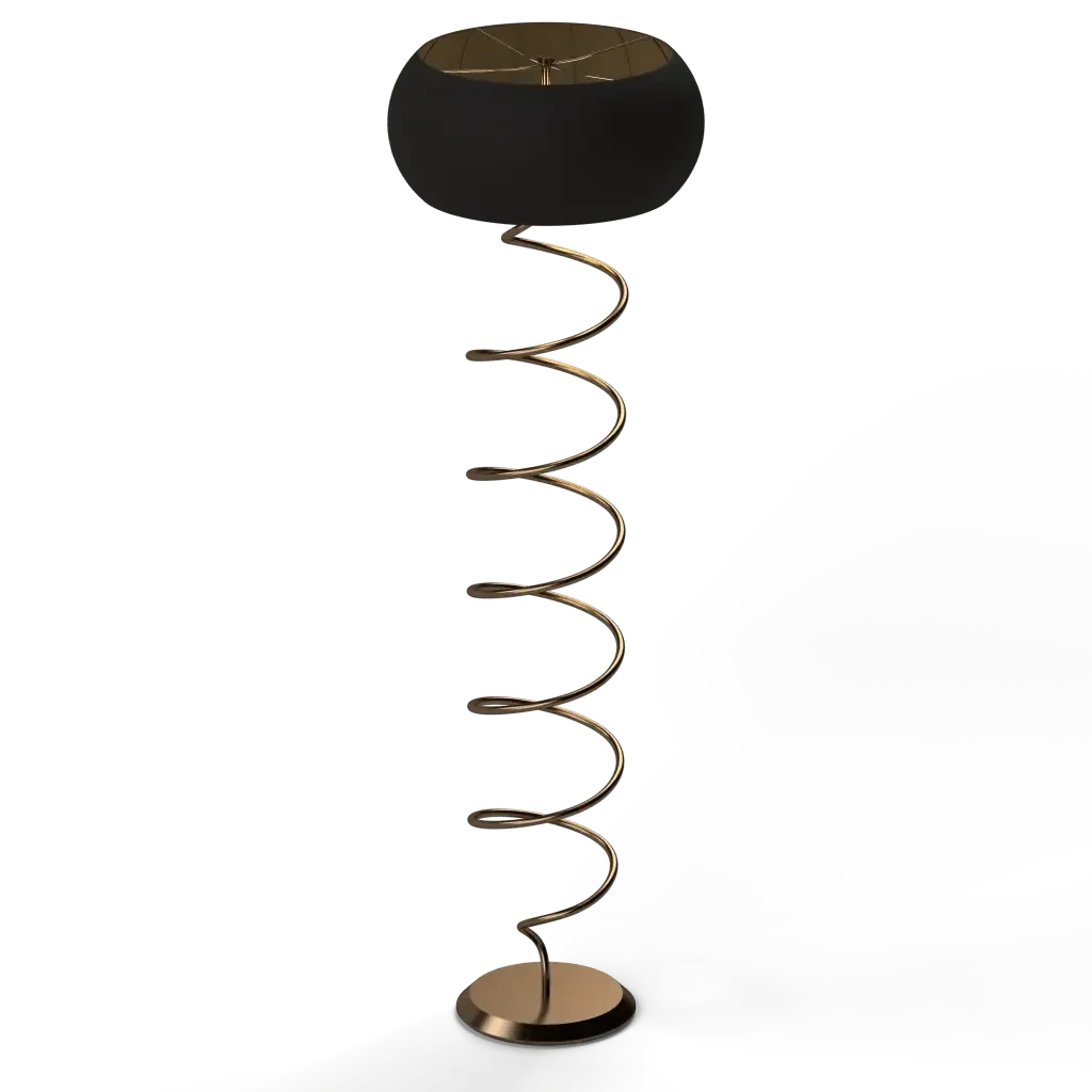Helix floor lamp featuring a golden spiral base with a black and gold metal lampshade for elegant lighting