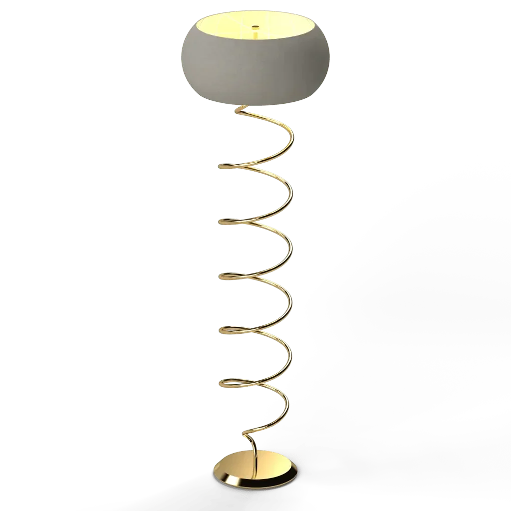 Helix floor lamp with a modern gold spiral metal stand and a white bowl-shaped shade for stylish lighting