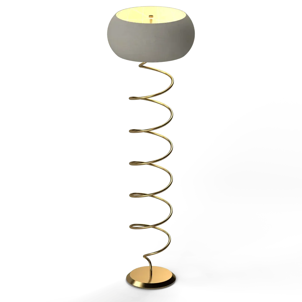 Helix floor lamp with a modern spiral gold metal stand and a light-colored bowl-shaped shade for ambient lighting