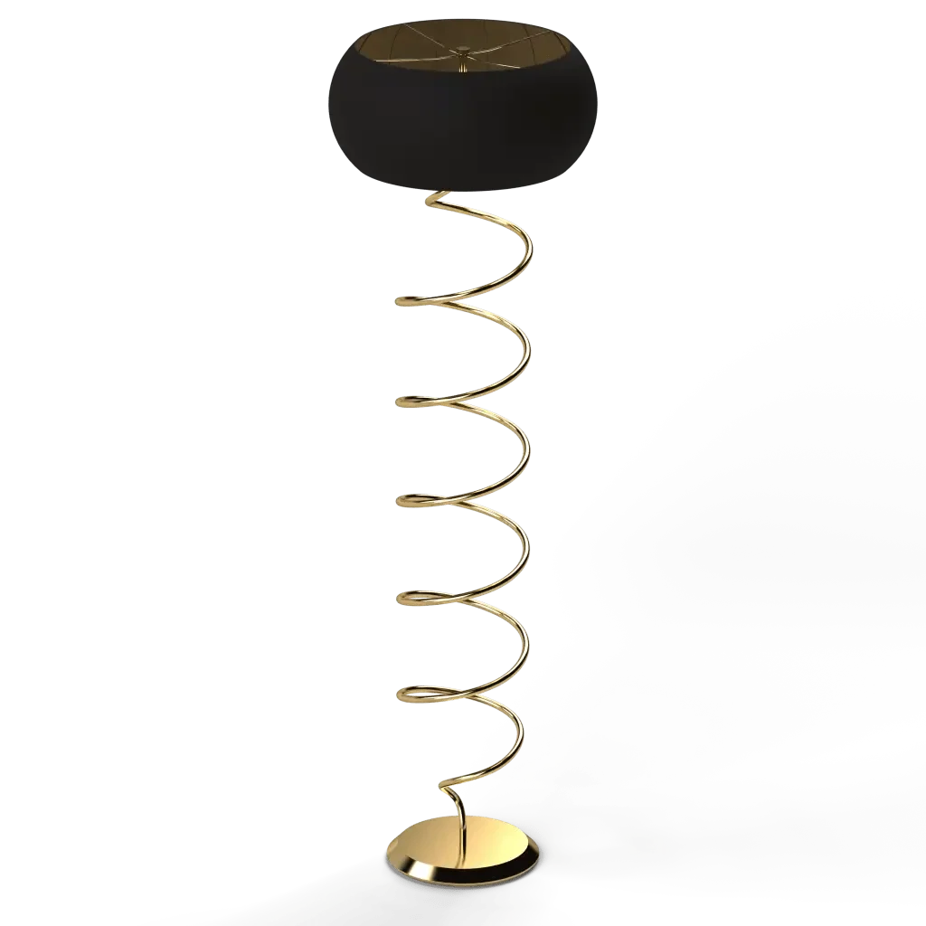 Helix floor lamp with a black drum shade and a golden spiral metal base for modern interior lighting