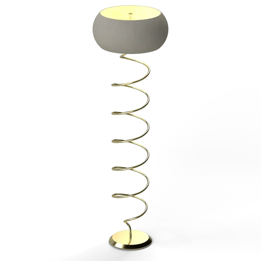 Helix floor lamp with a white bowl-shaped shade and spiraling gold-colored metal stand for modern lighting