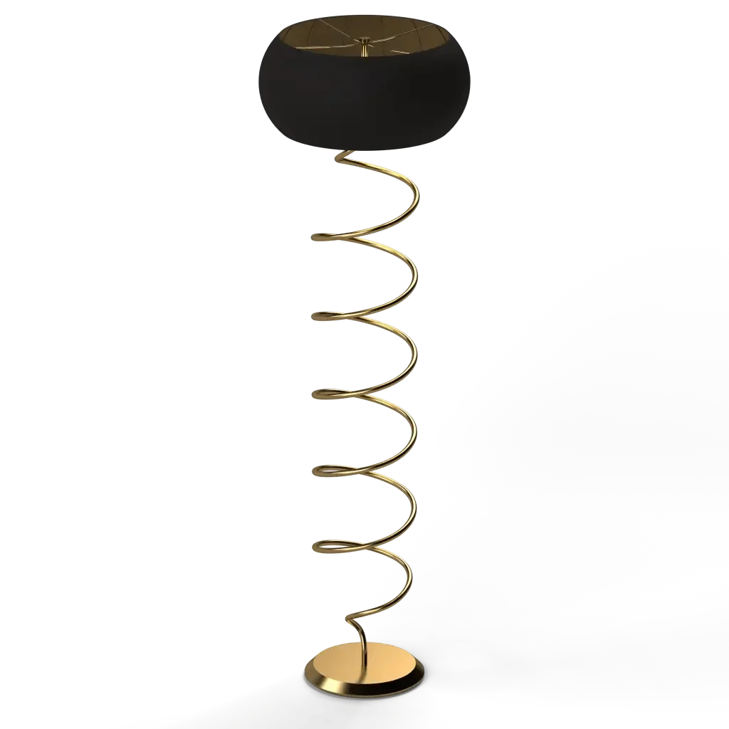 Helix floor lamp with gold spiral metal base and black fabric shade for elegant ambient lighting