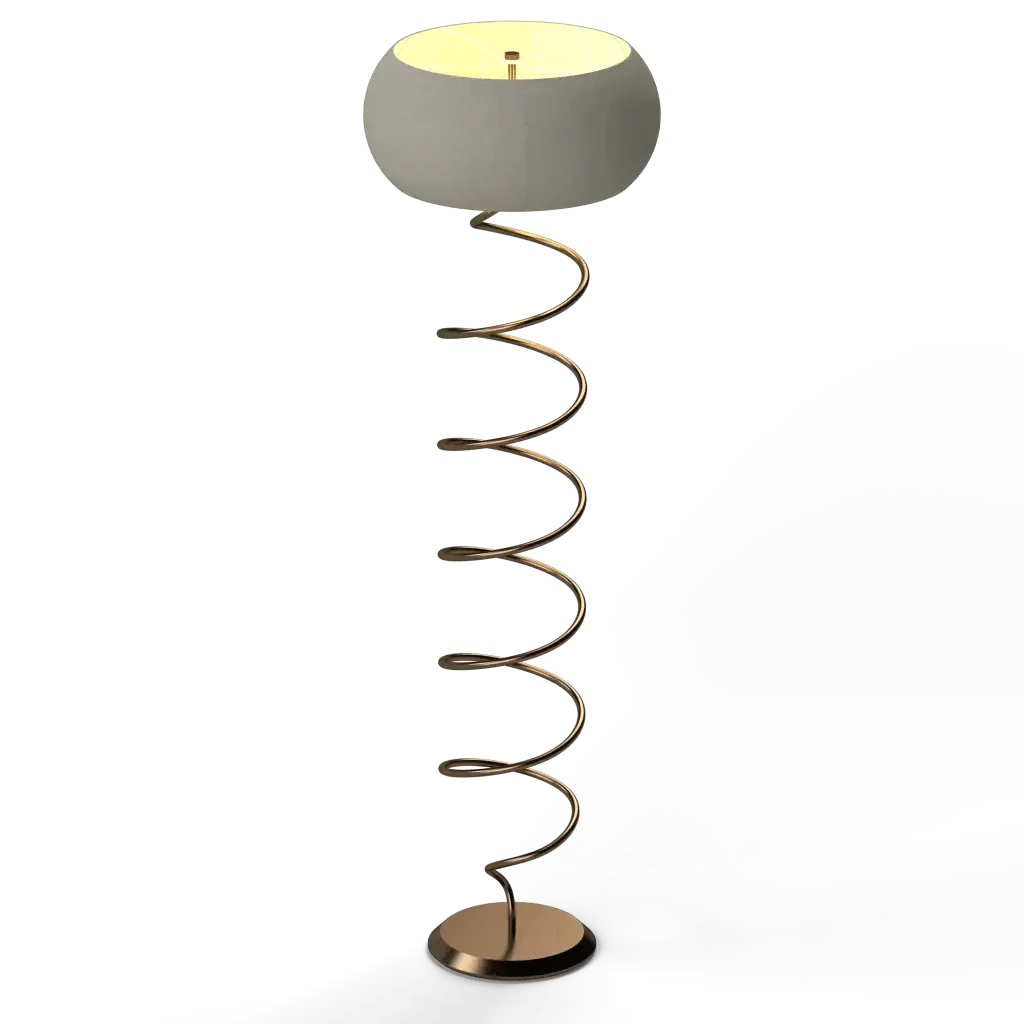 Helix floor lamp with spiral golden metal stand and white bowl-shaped shade for elegant indoor lighting