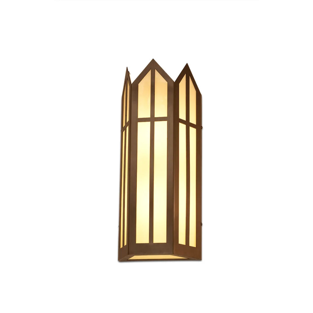 Gold cathedral window wall sconce with frosted glass panels and pointed arches.