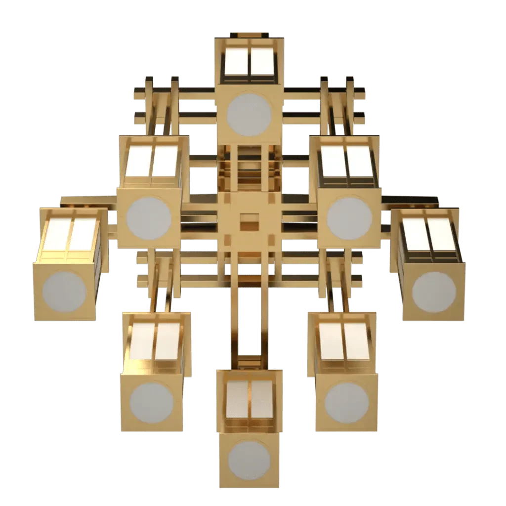 Kennedy Chandelier - polished brass finish, angled view showing hanging lanterns suspended by thin rods
