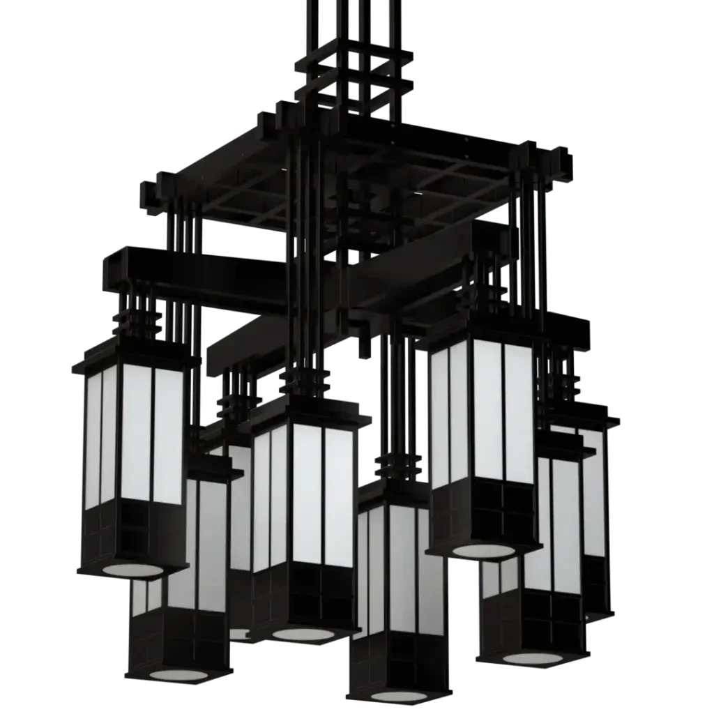 Kennedy Chandelier - polished brass finish, lifestyle view suspended in room