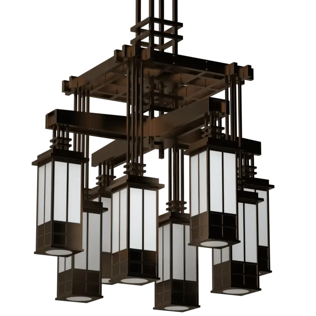 Kennedy Chandelier - polished brass finish, detail of frosted glass panels in lower rectangular lantern