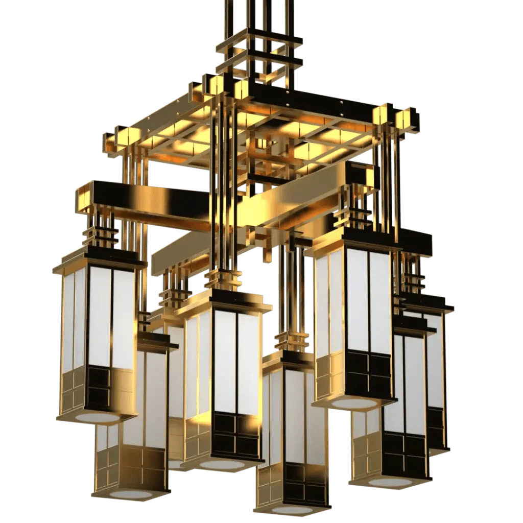 Kennedy Chandelier - polished brass finish, front elevation showing tiered Arts and Crafts form with exposed beam construction