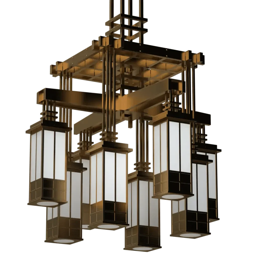 Kennedy Chandelier - polished brass finish, detail of exposed mechanical fasteners at beam intersections