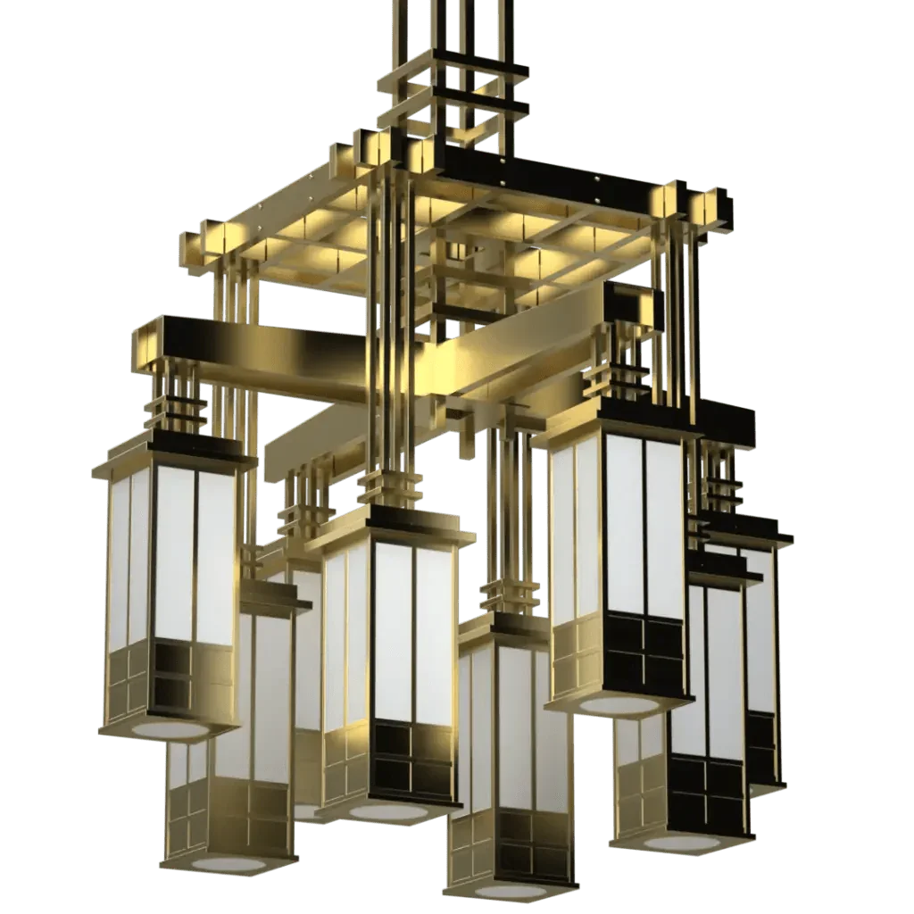 Kennedy Chandelier - polished brass finish, side profile showing vertical tiered structure