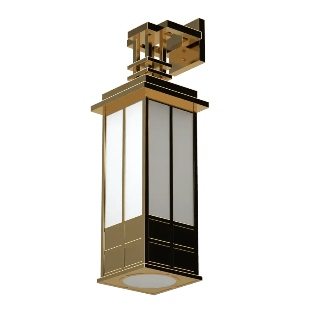 Kennedy Sconce - polished brass finish, front elevation showing tall rectilinear Arts and Crafts form with open cage-like top