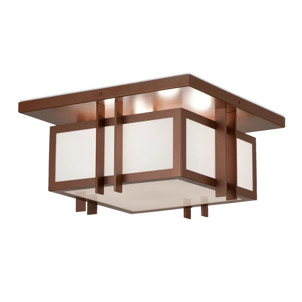 Modern copper-colored square flush mount light fixture with frosted glass panels and a sleek, minimalist design.