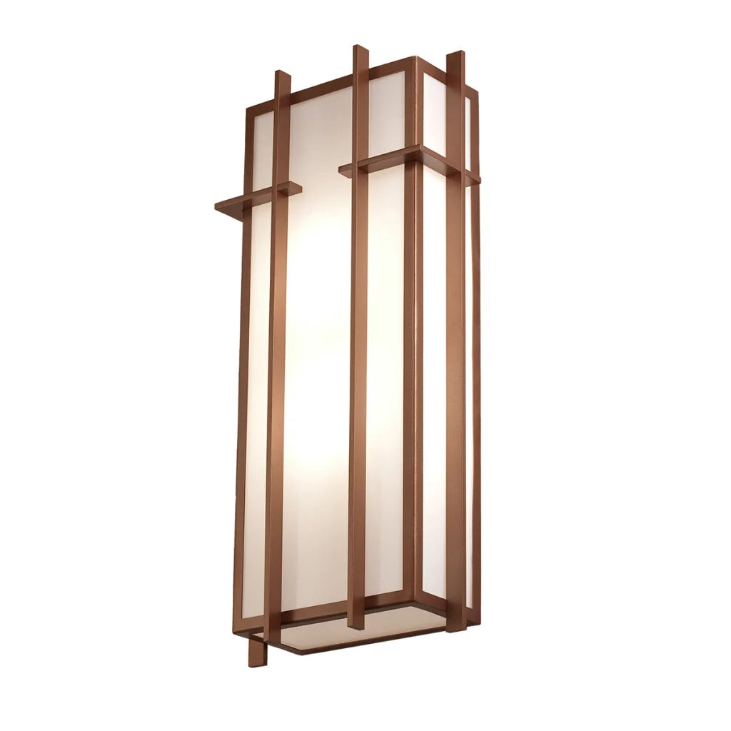 Modern wooden wall sconce with frosted glass panels and a warm-toned finish.