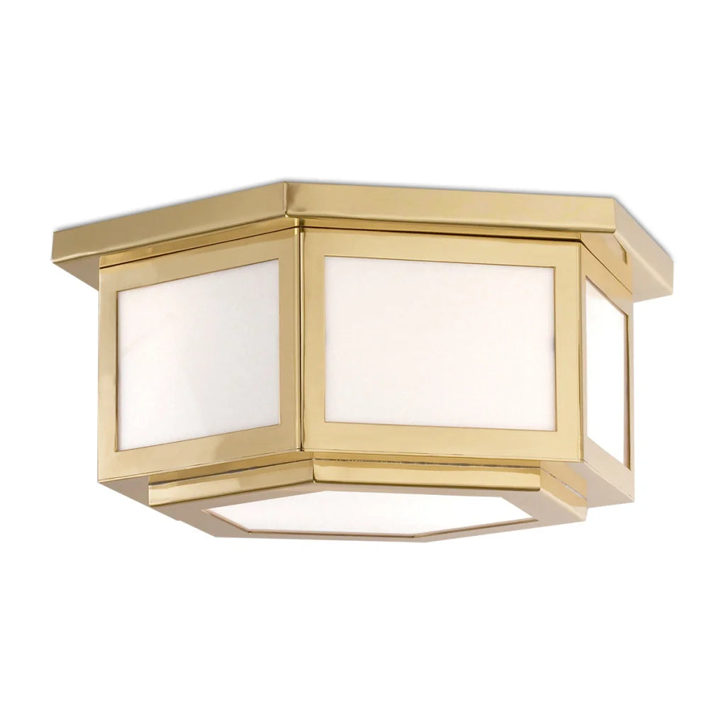 Gold rectangular flush mount light fixture with frosted glass panels and a modern design.