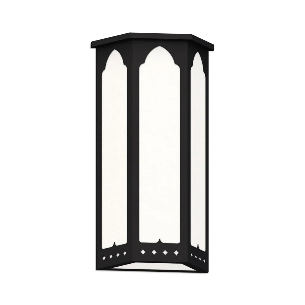 Black gothic-style lantern with white glass panels and decorative star cutouts.