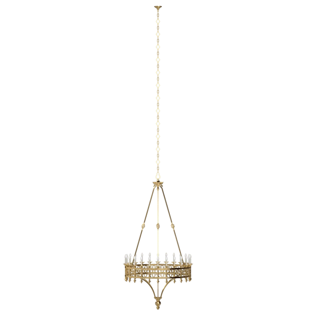 Kylemore chandelier is a gold-colored fixture with multiple candle-style lights and a decorative hanging chain