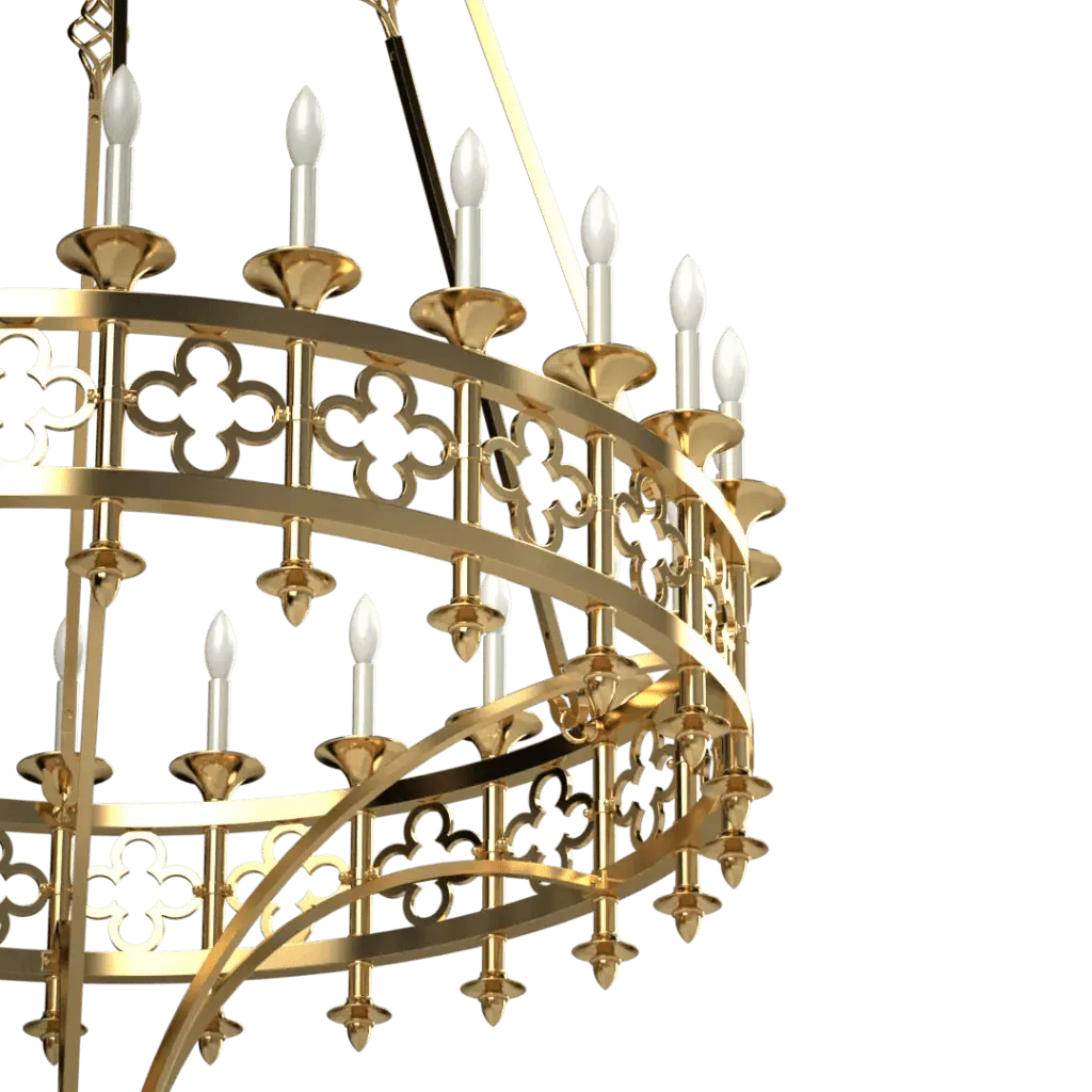 Kylemore chandelier gold-colored metal chandelier with candle-shaped lights and ornate clover-like decorative elements