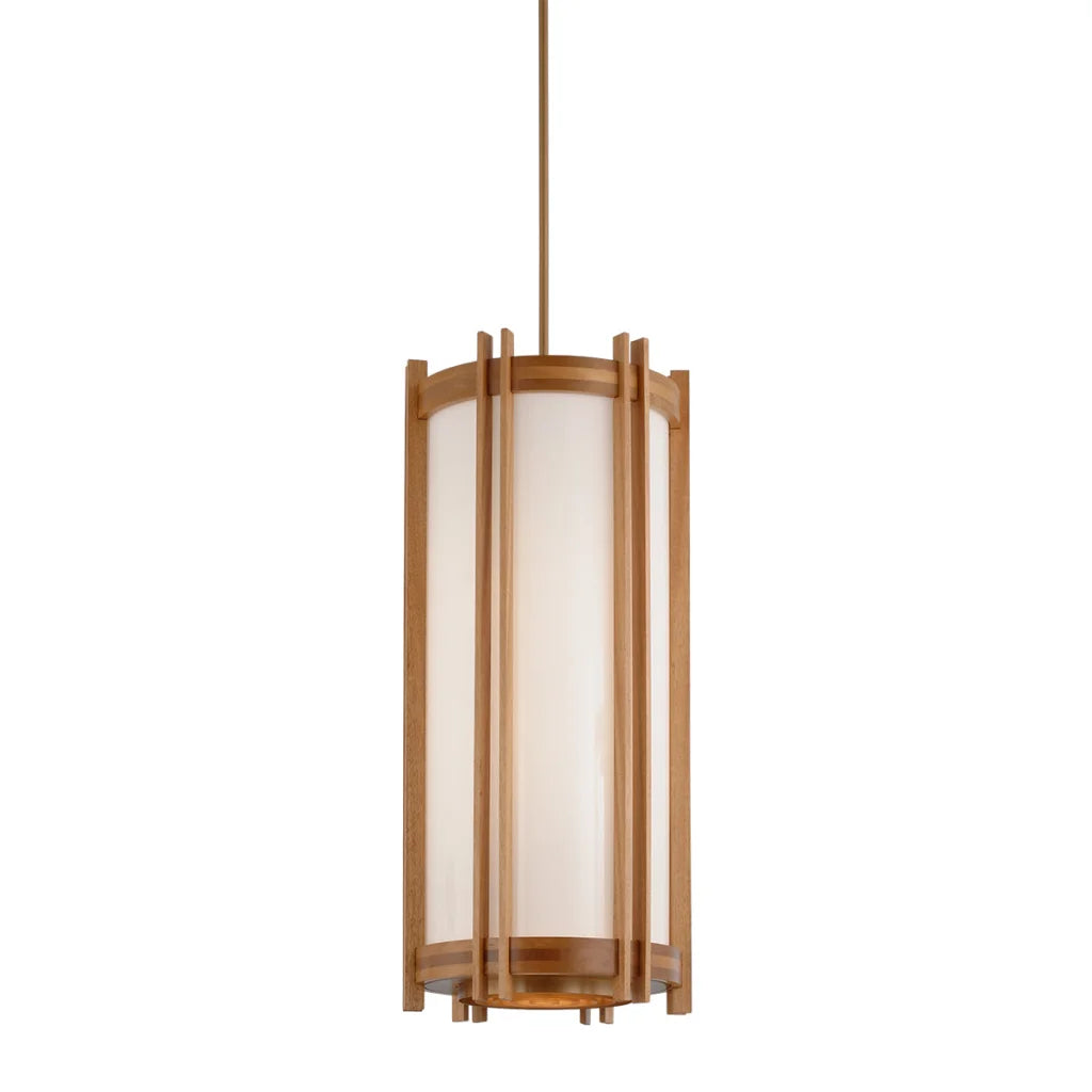 Gold and white pendant light with a geometric design.