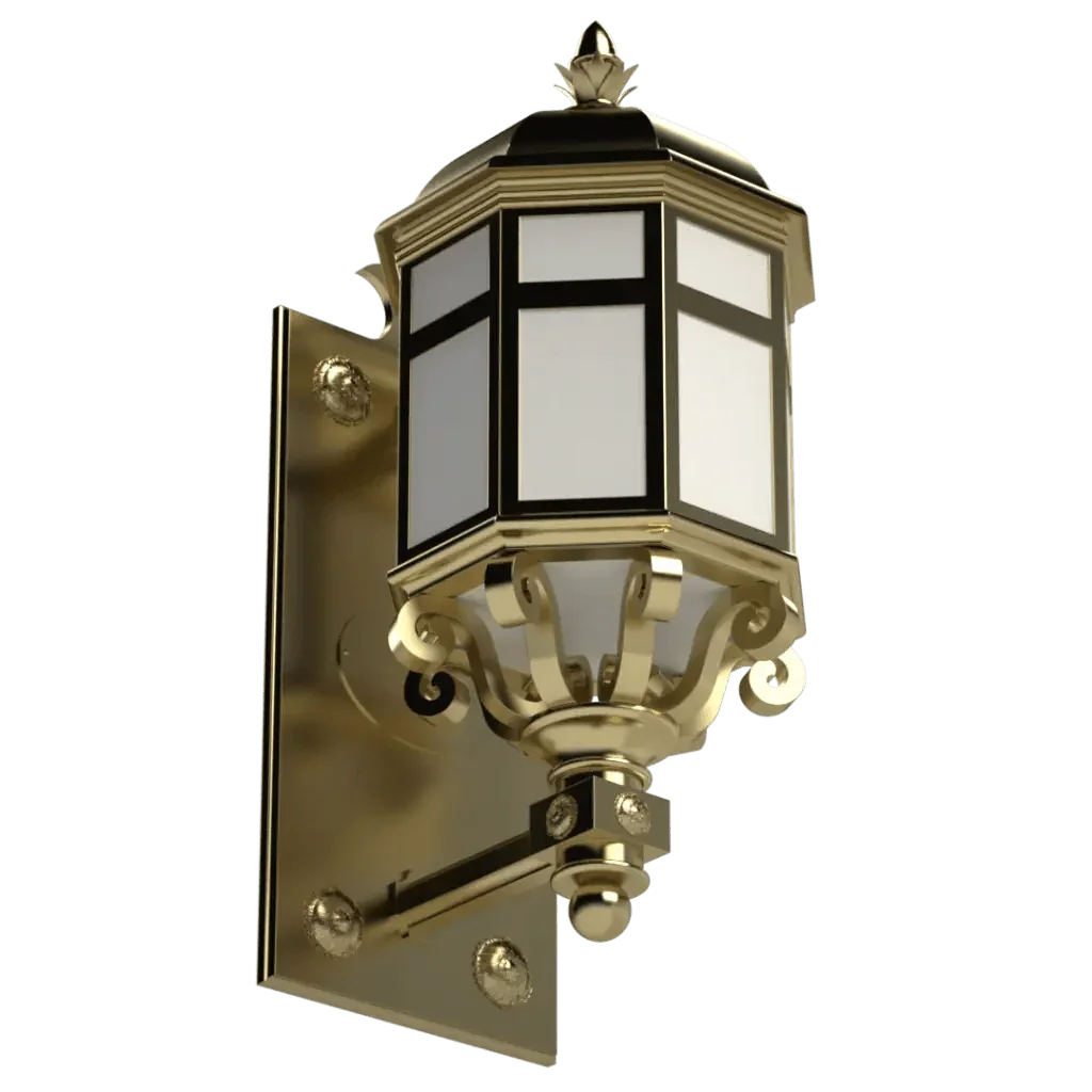 Brass hexagonal outdoor wall lantern with frosted glass panels from the Lebanon Sconce collection