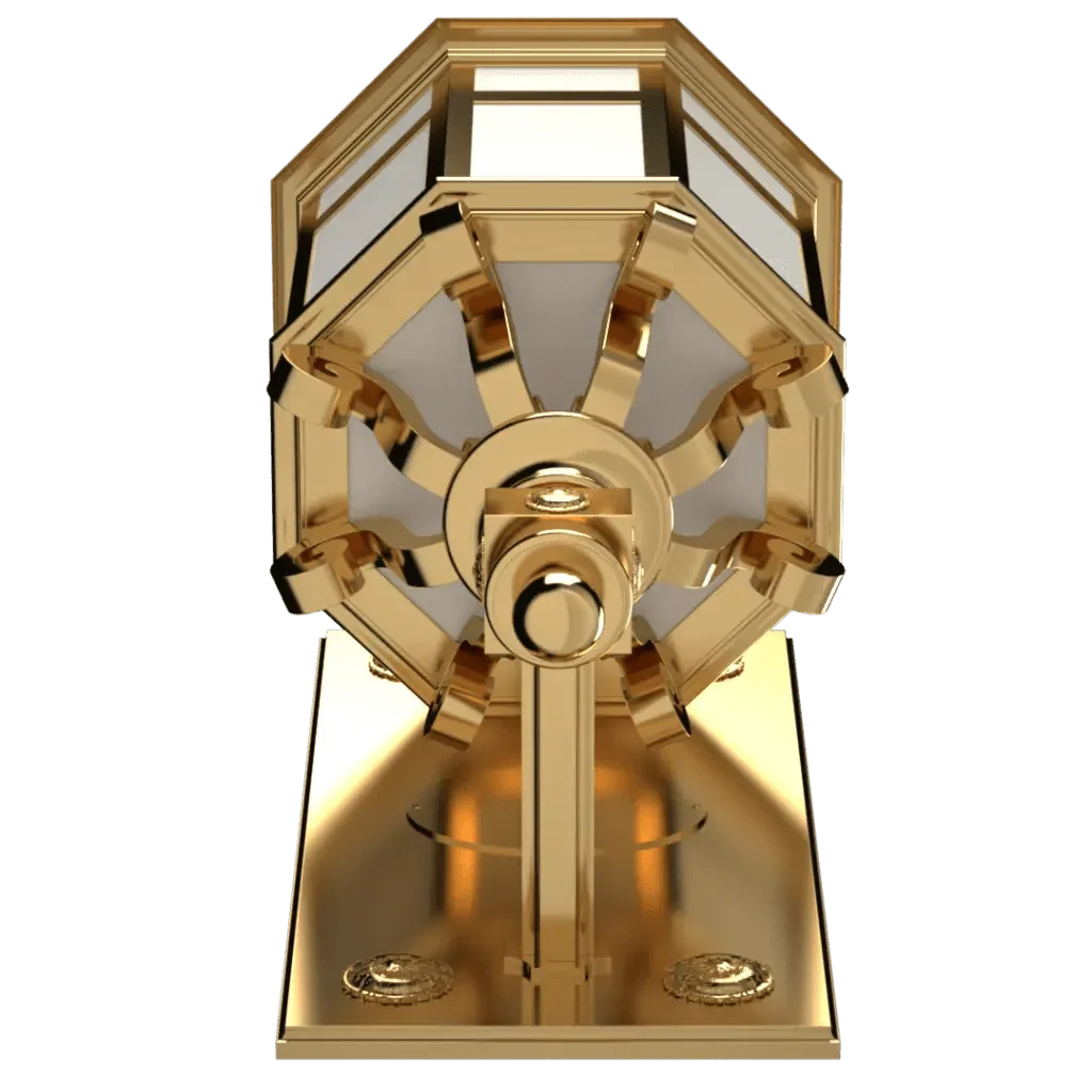Lebanon sconce featuring a golden octagonal drum lottery machine design for decorative lighting use