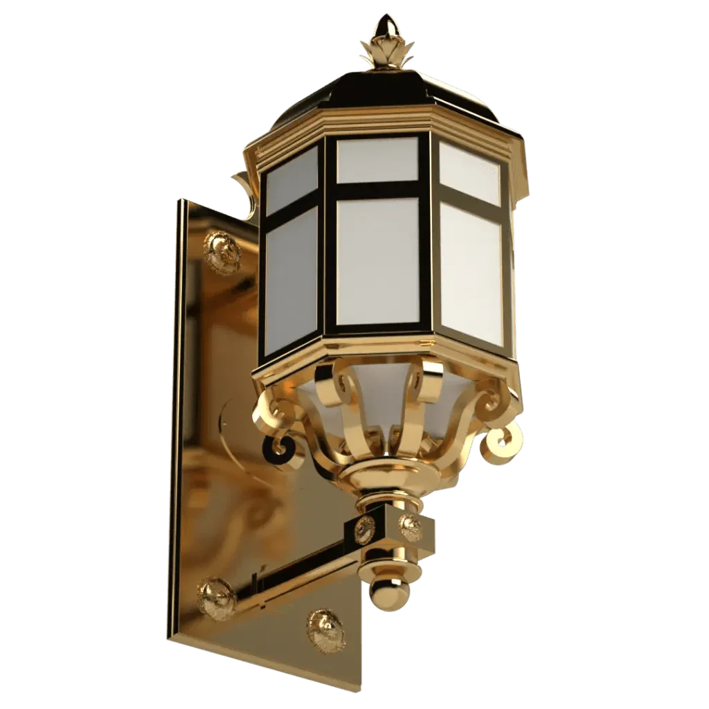 Lebanon sconce gold-finished hexagonal wall lantern with frosted glass panels for indoor or outdoor use