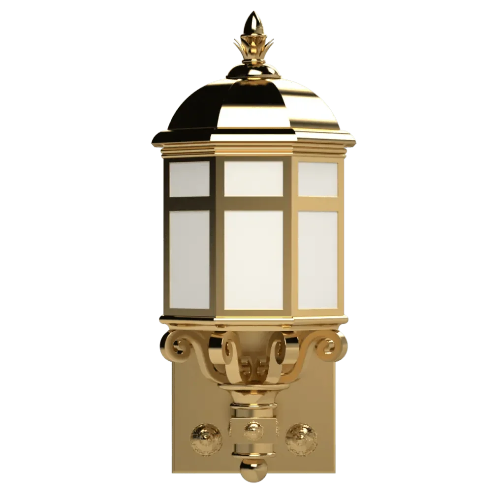 Ornate gold lebanon sconce outdoor wall lantern with frosted glass panels and decorative metalwork