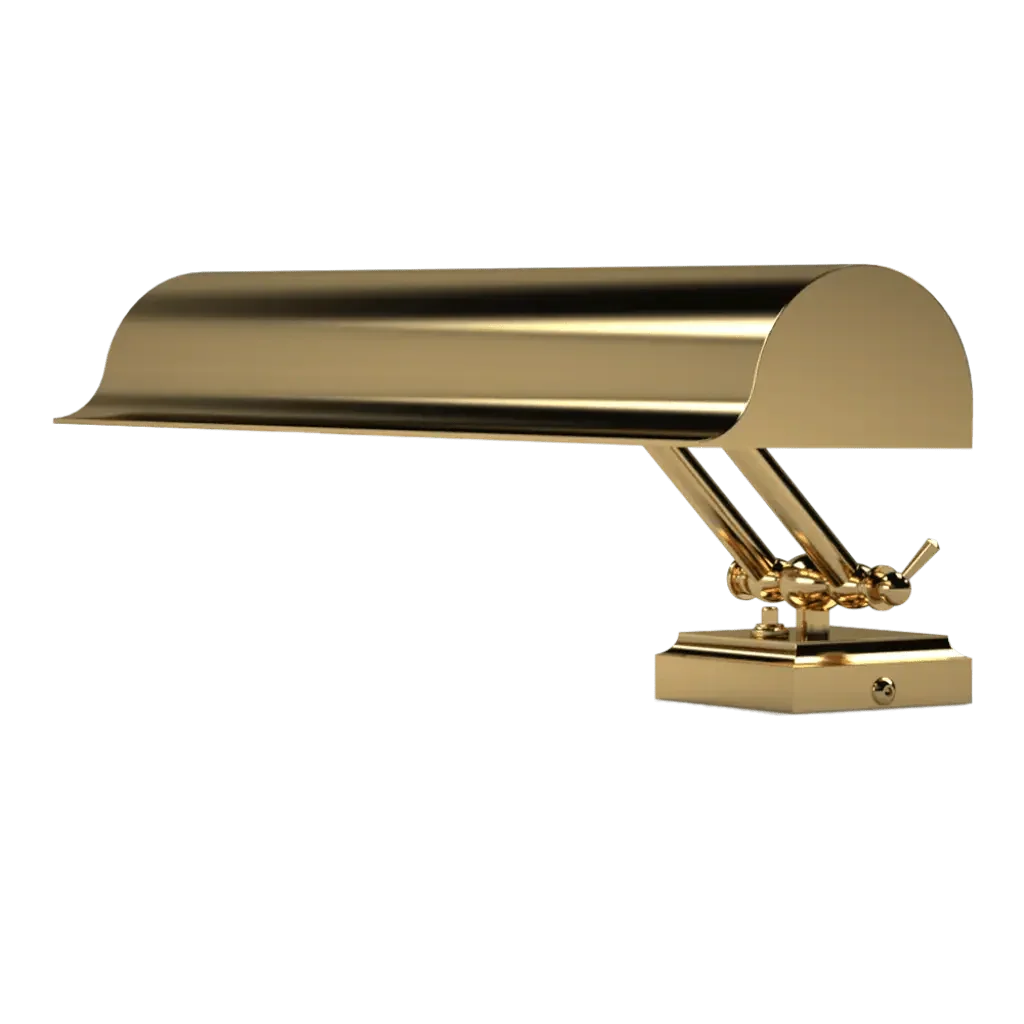 Lectern Desk Lamp - polished brass finish, front elevation showing elongated trough shade with articulated dual-rod arm
