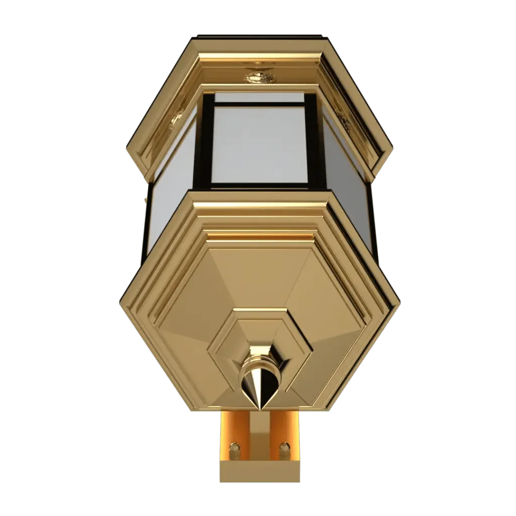 Lincoln sconce gold-colored hexagonal outdoor wall lantern with clear glass panels and metal frame