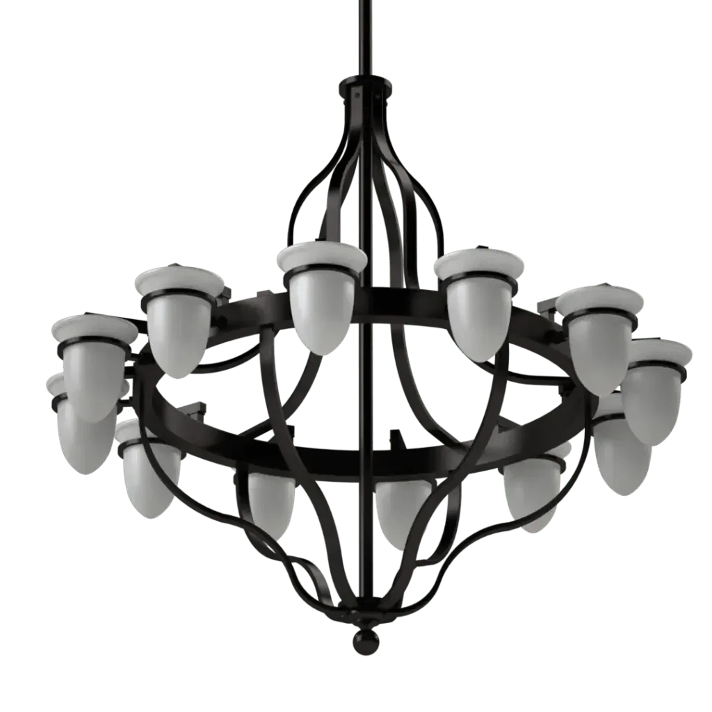 Lindos chandelier black metal with white upward-facing acorn-shaped glass shades for elegant lighting