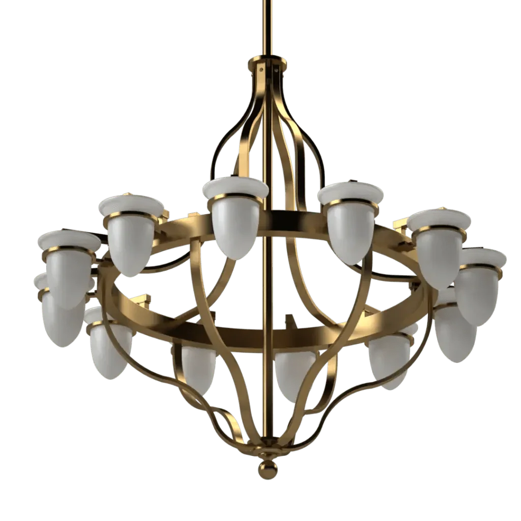 Lindos chandelier brass with white upward-facing acorn-shaped shades elegant ceiling lighting fixture