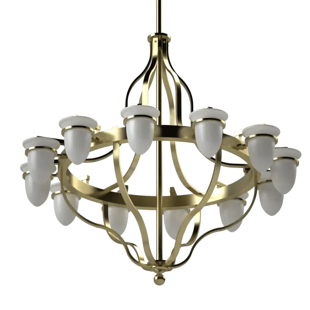 Lindos chandelier featuring a brass frame with twelve white downward-facing frosted glass shades